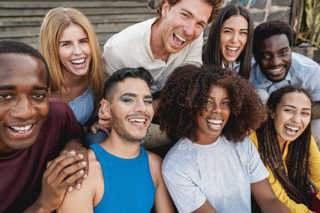 A group of friends who are LGBTQ enjoying a day in Orange County.